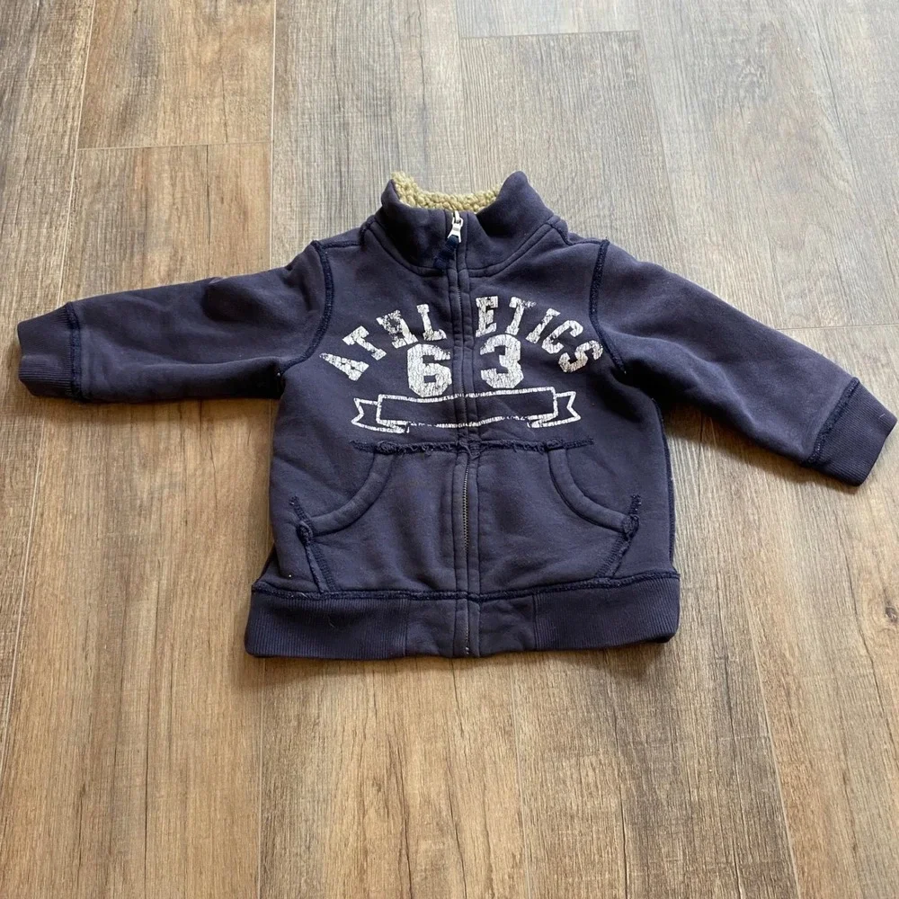 The Childrens Place Boys Navy Blue Athletics 63 Sherpa‎ Collar Zip Hoodie 3T